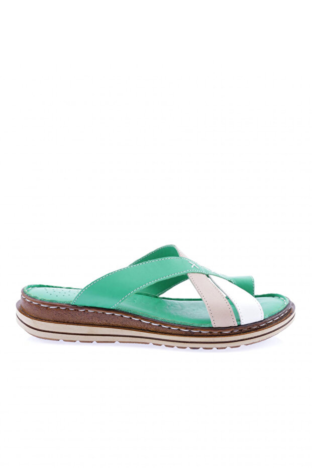 290-23y Women's Genuine Leather Cross-Strapped Flip Flops - Grass Garni