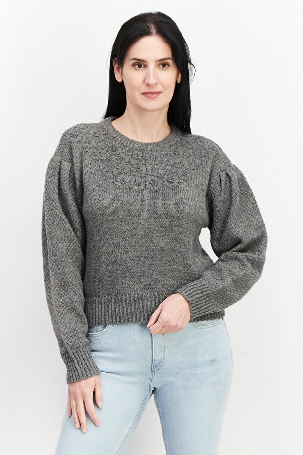 Women Round Neck Textured Sweater, Grey