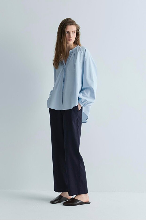Navy Blue Zoe Linen Trousers with Elastic Waist