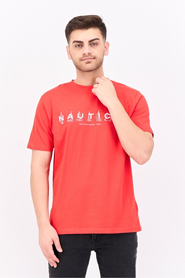 Men Crew Neck Short Sleeves Brand Logo T-shirt, Red