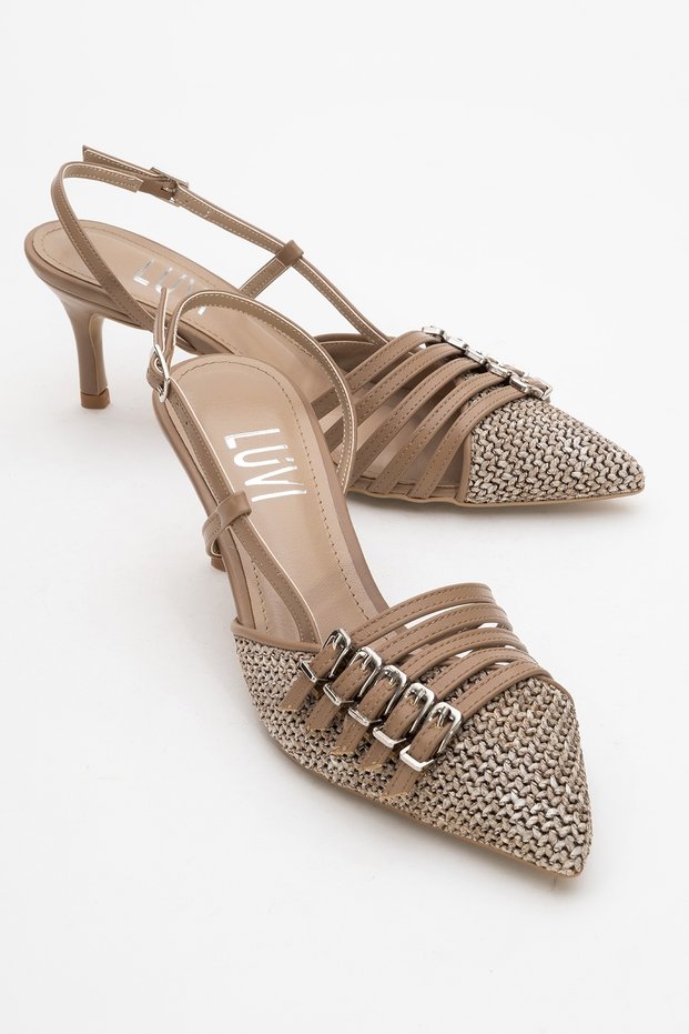Zenith Dark Beige Straw Strap Buckle Women's Heeled Shoes