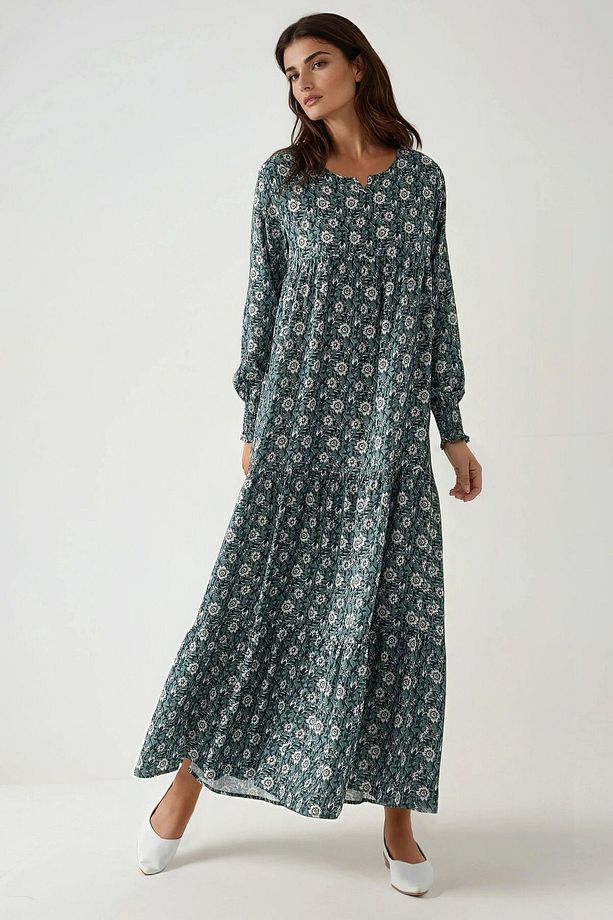 Desenli Yuvarlak Yaka Viskon Modest Elbise - 4