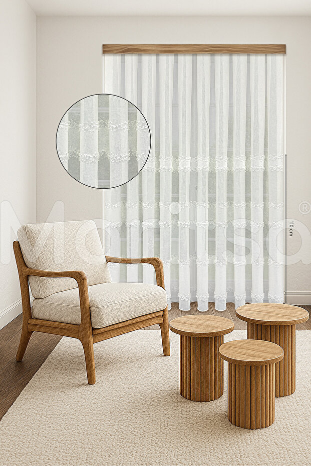 Tulle Curtain - Nordic Series Bohemian Liva Pattern Linen to Floor Cotton Processing Ecru Dense Pleat (1X3) Curtain