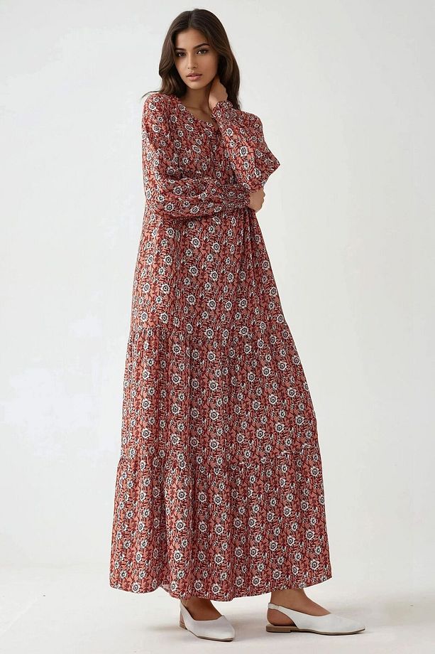 Desenli Yuvarlak Yaka Viskon Modest Elbise - 1