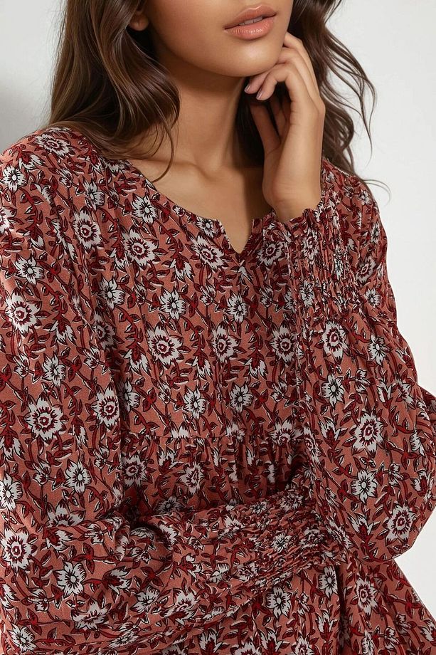Desenli Yuvarlak Yaka Viskon Modest Elbise - 5