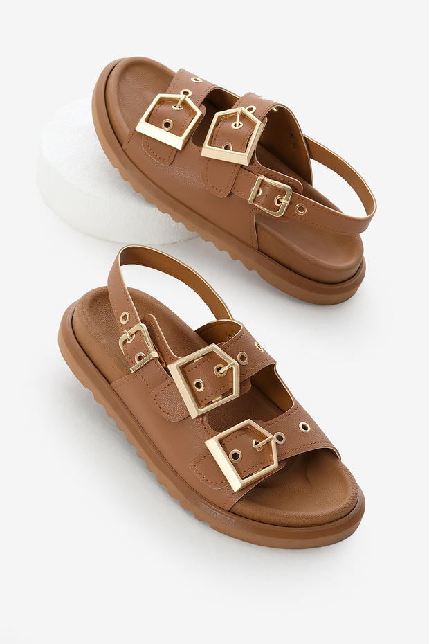 Women's Tan Poly Sole Double Strap Buckle Sandals