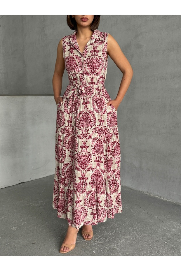 Women's Burgundy Patterned Shirt Collar Summer Maxi Dress