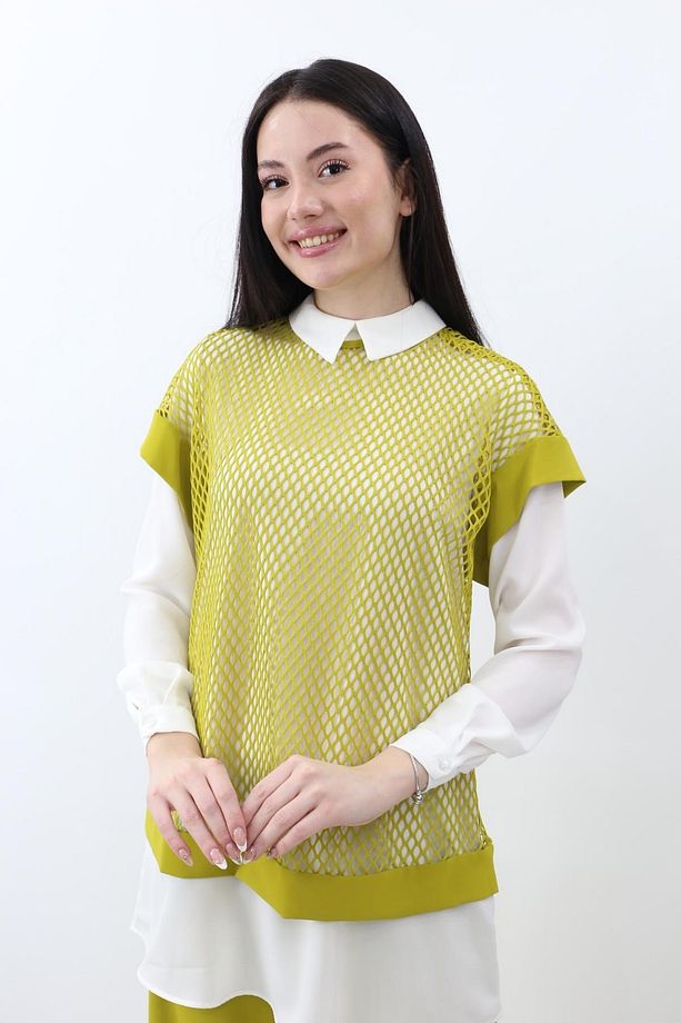 Pantolonlu Basic Gömlekli Fileli Üçlü Takım - Yağ Yeşili - 5