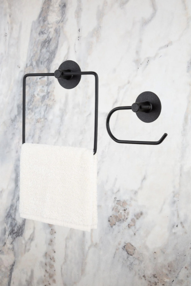 Black Round Adhesive Square Towel Holder / Outdoor Toilet Roll Holder 2-Piece Bathroom Set