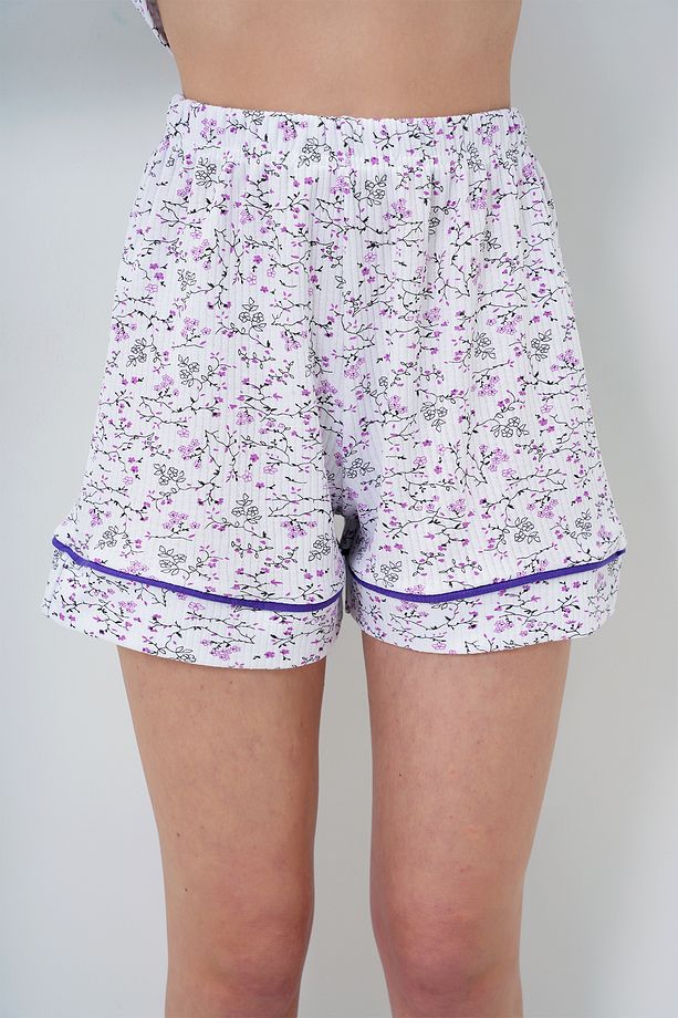 Kadın Mikro Çiçek Mor Tek Cepli Biye Detaylı Pamuklu Gömlek Ve Şortlu Pijama Takımı Pjmx13911 - 4