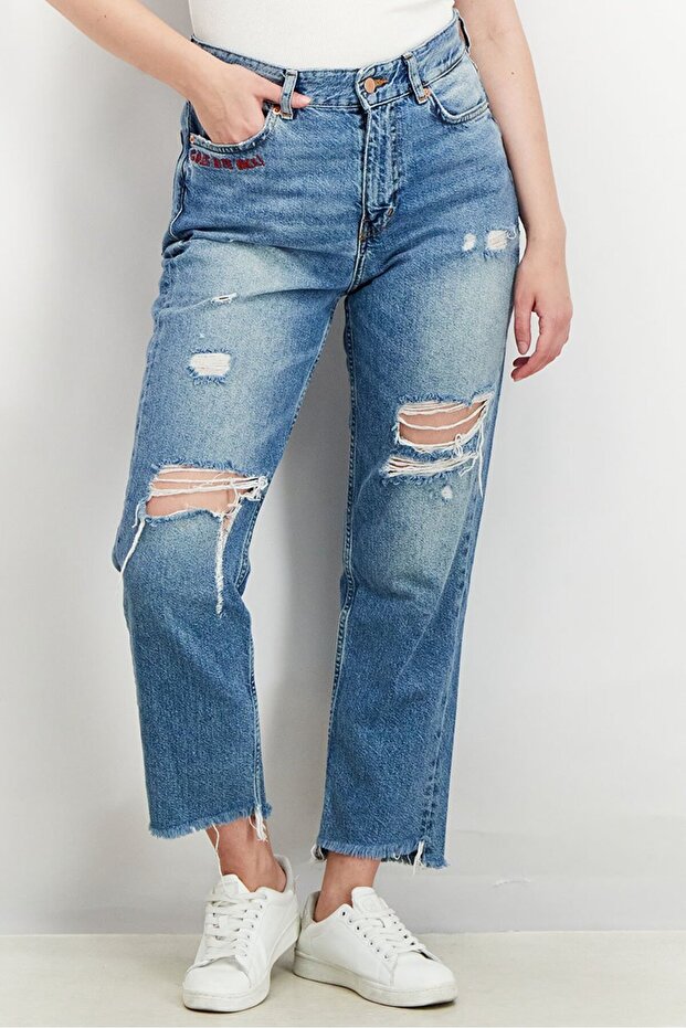 Women Regular Fit Rip Non Stretchable Denim Jeans, Blue