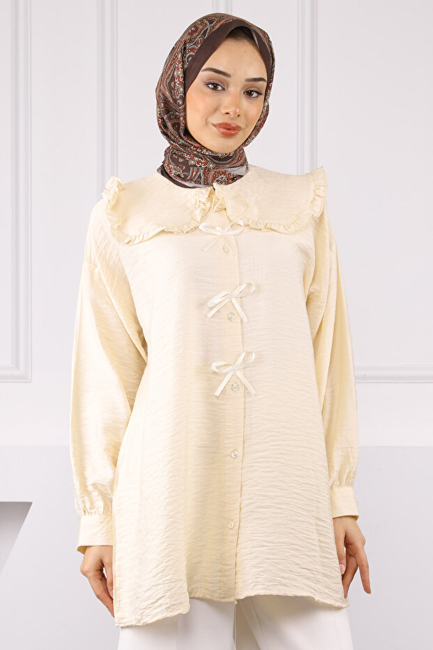 Beige Baby Collar Bow Detailed Shirt