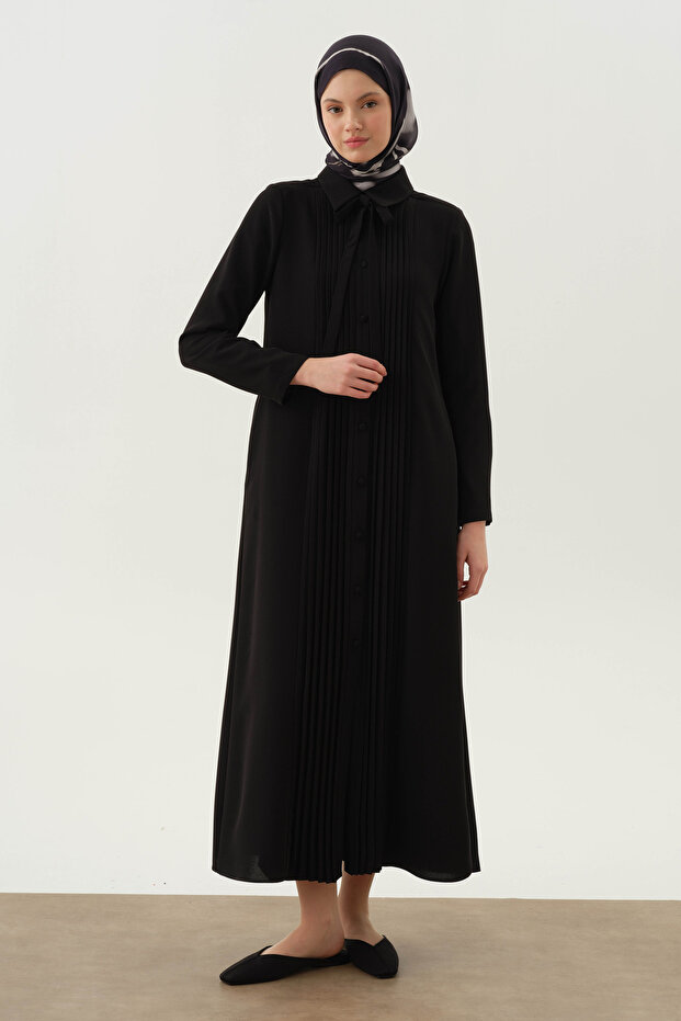 Kravat Yaka Piliseli Pardesü - Siyah - 1