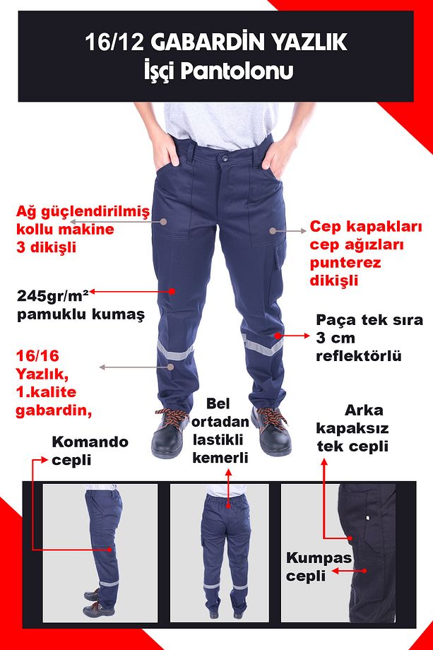 16/12 Gabardin Yazlık İşçi Pantolonu Tek Reflektörlü İş Pantolonu - 1