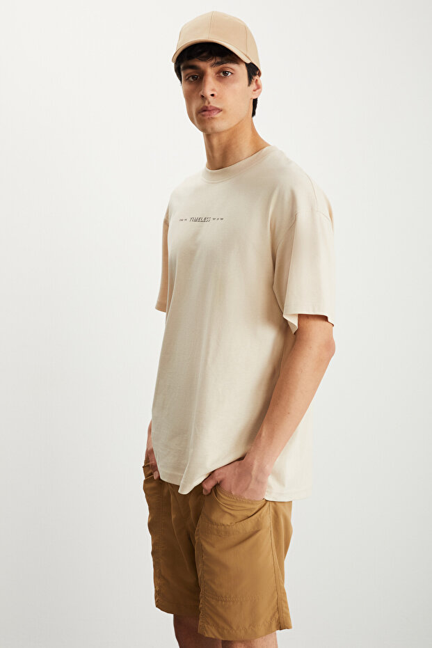 Fyron Men's 100% Cotton Crew Neck Printed Beige T-Shirt