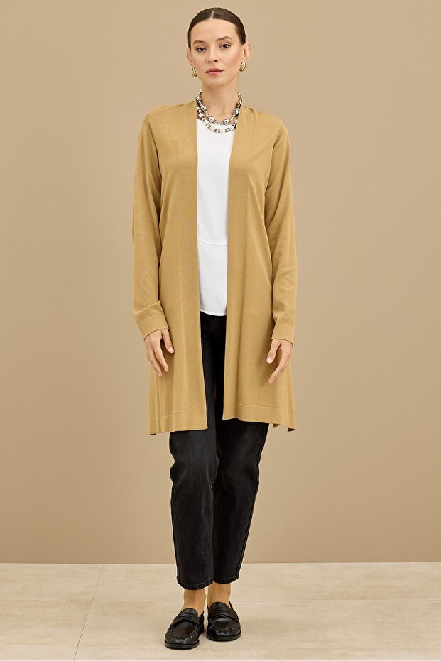 Beli Kemerli Rayon Basic Hırka CAMEL - 1