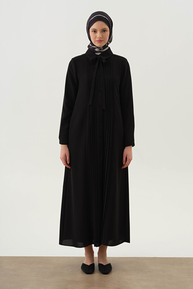 Kravat Yaka Piliseli Pardesü - Siyah - 4