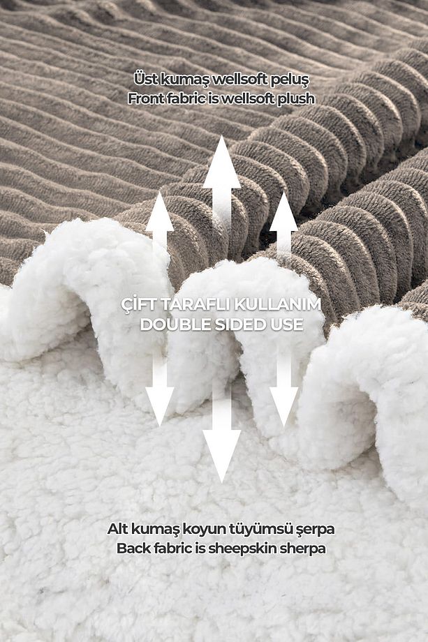Sherpa Tv Battaniye Tek Kişilik Çizgili Yumuşak Peluş Wellsoft Yatak Örtüsü Vizon - 4