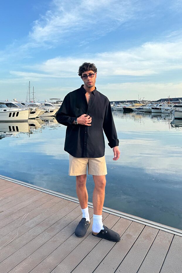 Basic Keten Gömlek Siyah - 4