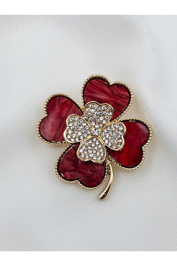 Altın Kaplama Zirkon Taşlı Yonca Broş - 4