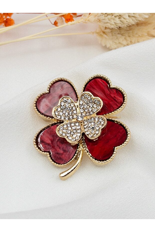 Altın Kaplama Zirkon Taşlı Yonca Broş - 2