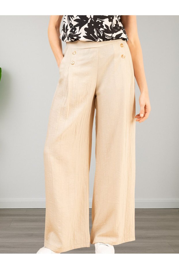 Lupinn Fashion High Waist Wide Leg Button Detail Beige Summer Woven Pants