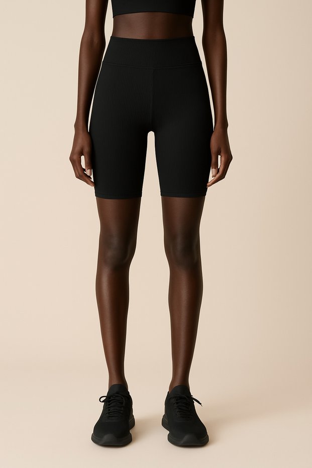 Women's High Waist Tight Ripped Ribbed Short Sports Leggings | Black