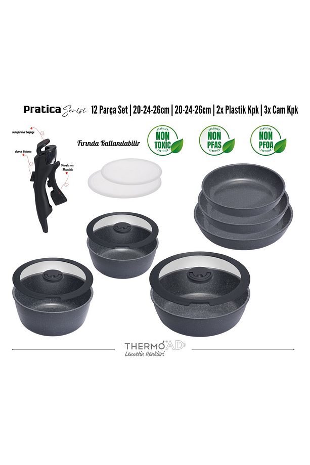 | PRATİCA SERİSİ | 12 Parça | Tencere ve Tava Set | Gri - 9