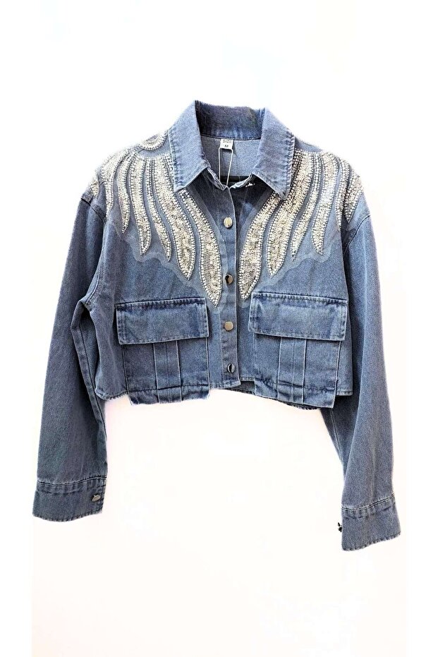 Dalgalı Payet İşlemeli Kısa Denim Mont - 1