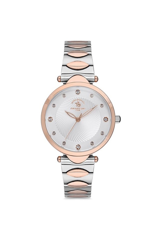 Women's Silver-Rose-White Steel Case Round Dial Metal Band Wristwatch Quartz Movement Analog E