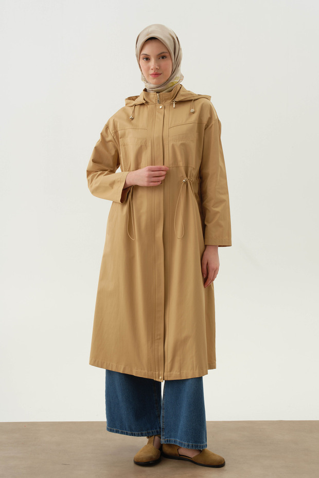 Kapüşonlu Cep Detaylı Kap - Camel - 1