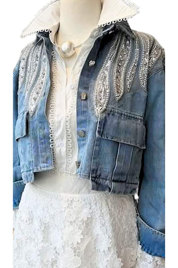 Dalgalı Payet İşlemeli Kısa Denim Mont - 3