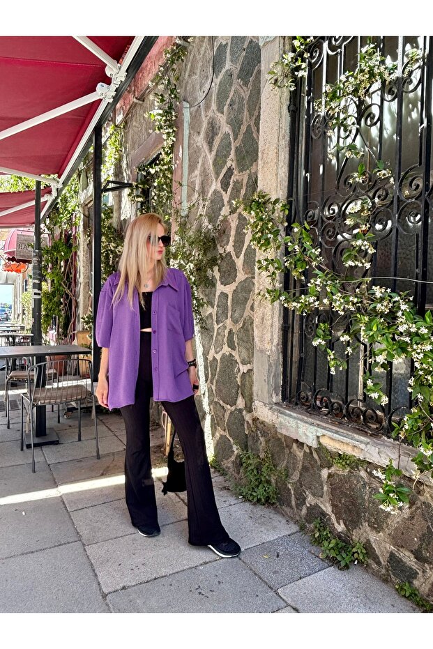 Basic Salaş Oversize Gömlek Mor - 3