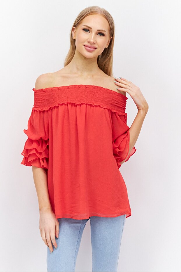 Women Off Shoulder Neck Short Sleeves Textured Blouse, Red