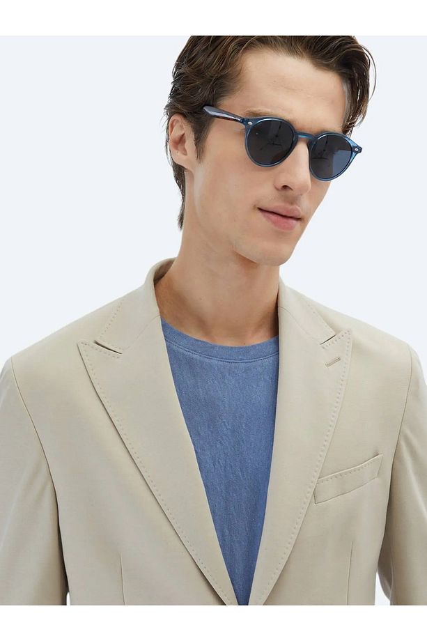 Bej Düz Modern Fit %100 Pamuk Torba Cep Kruvaze Yaka Örme Takım Elbise - 4