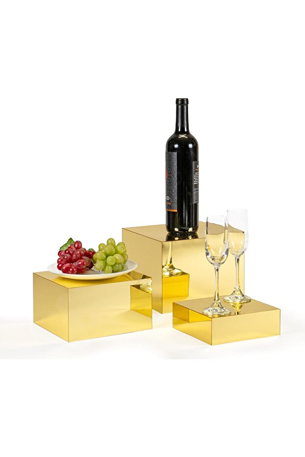 Red Co. Set of 3 Glossy Gold Acrylic Cube Display Nesting Risers with Hollow Bottoms - 2 Pack - 4