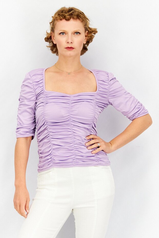 Women Square Neck Elbow Sleeve Ruched Detail Top, Lavender