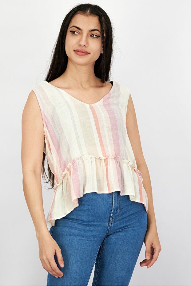 Women V-neck Sleeveless Stripe Blouse, Multicolor