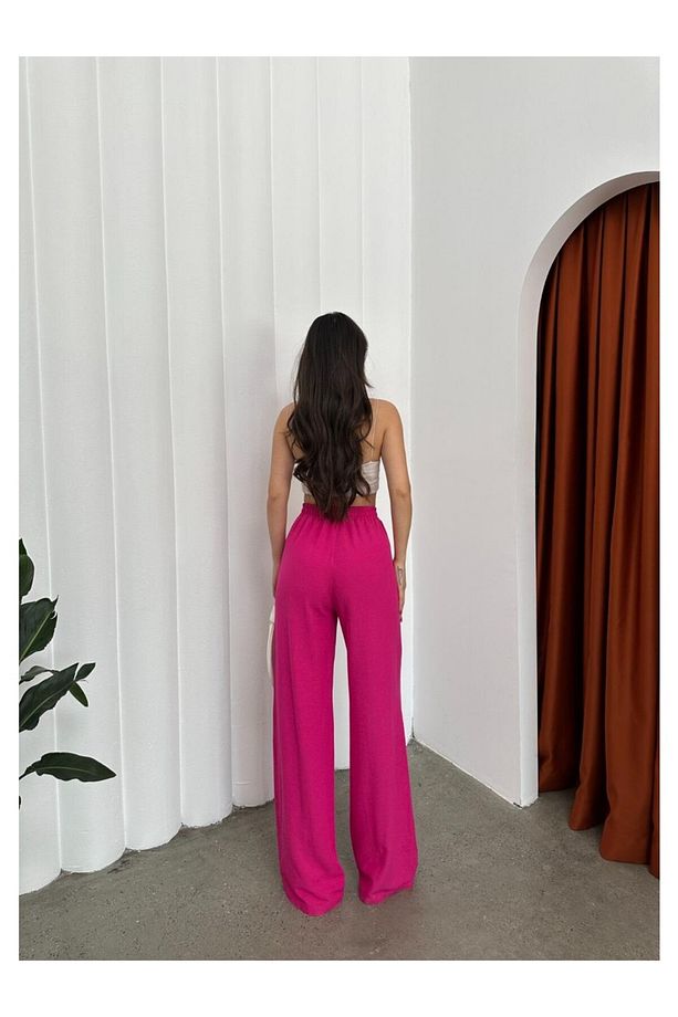 Beli Lastikli Bol Paça Visco Keten Cepli Yazlık Pantolon - 5
