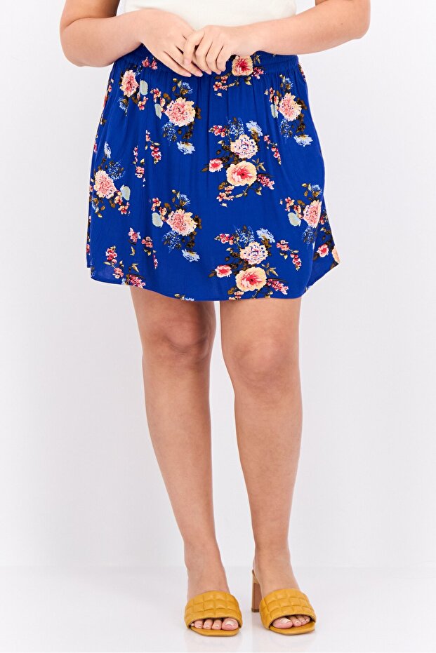 Women Floral Print Mini Skirts, Royal Blue