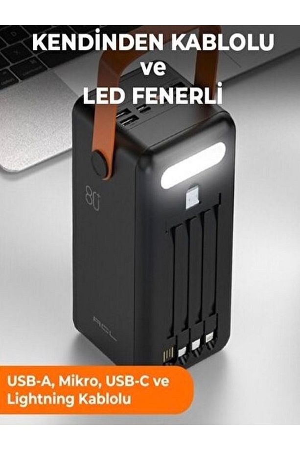 80000mAh 4USB Dahili Mikro Type-c Lightining Kablolu Kamp Işıklı Solar Güneş Enerjili Powerbank - 5