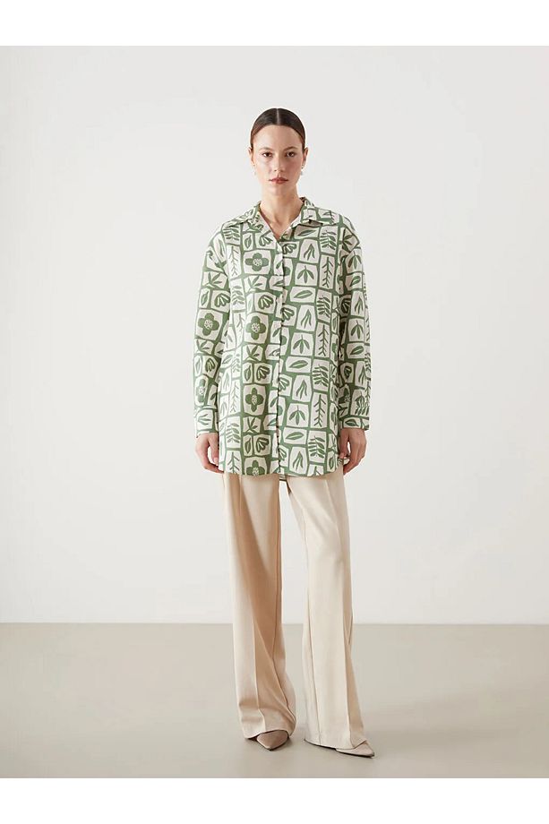 LCW Modest Yeşil Desenli Oversize Kadın Gömlek Tunik - 2