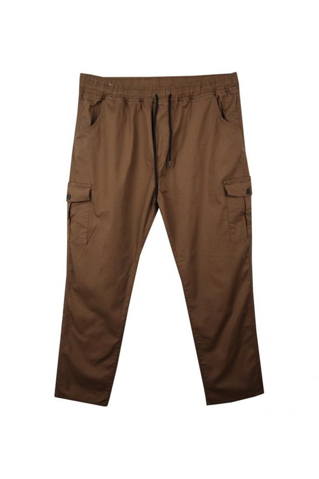 Men's Large Size Gabardine Trousers Suitable for 100-180 Kilos with Cargo Pocket, Brown