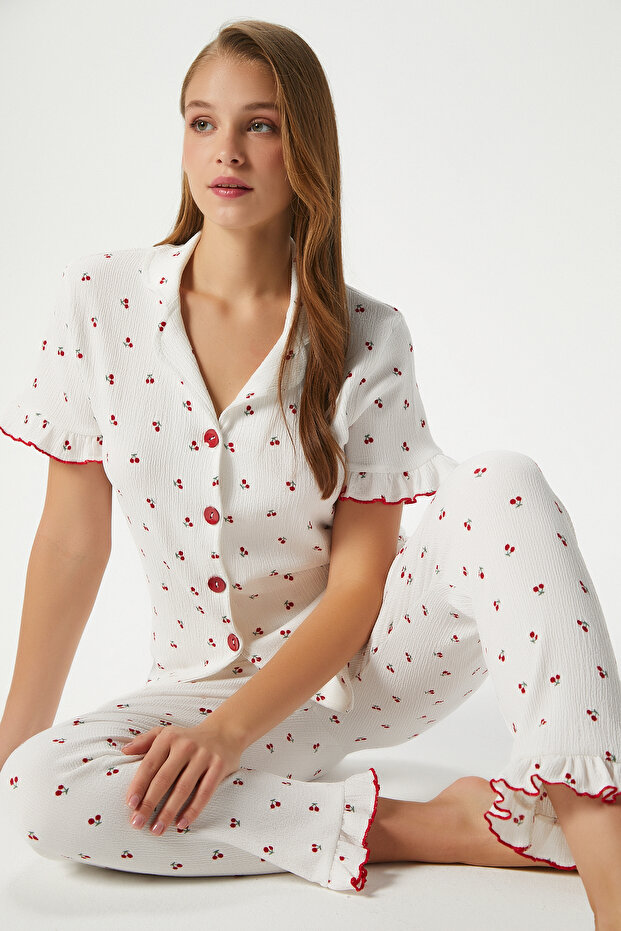 Women's Enda Frilly Cherry Pattern Bottom Top Pajama Set