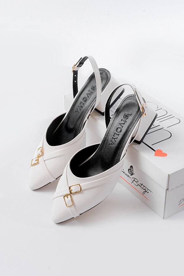 Dabrie White Cross Buckle (4 cm Heeled) Pointed Toe Ballerina Shoes