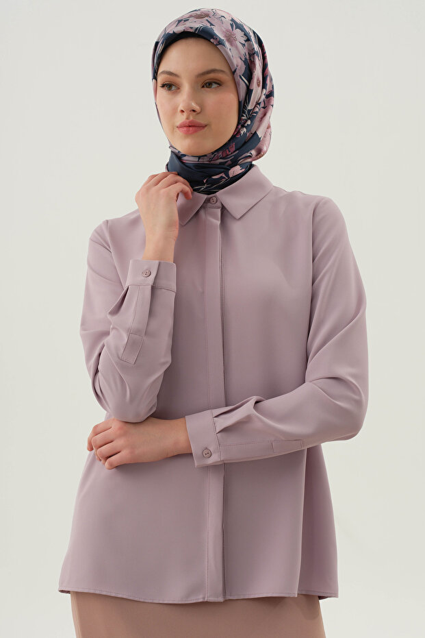 Basic Gizli Patlı Gömlek - Lila - 1