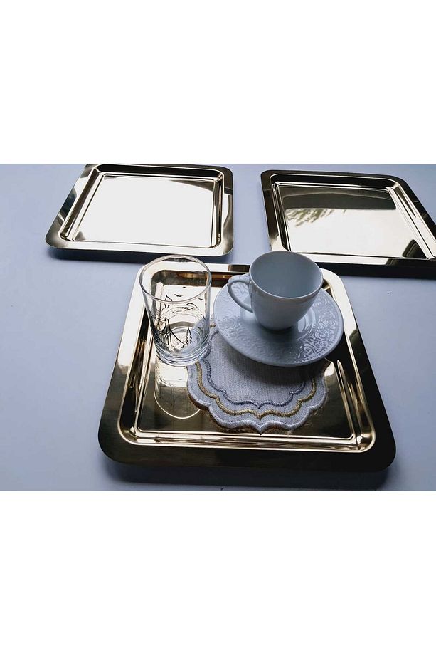 3 ADET PARLAK GOLD ALTIN KARE PASLANMAZ ÇELİK KAHVE SERVİS SUNUM TEPSİ (21X21) - 2
