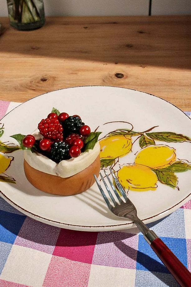 Limon Desenli El Yapımı Seramik Pasta Tabağı - Servis Tabak Seti 6 Adet 21 cm - 2