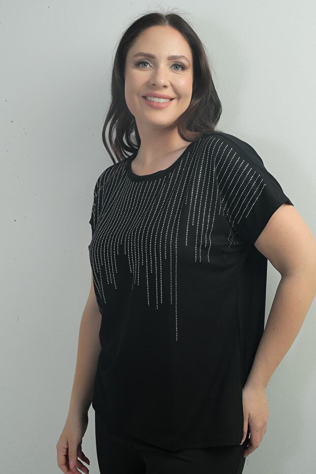 Women's Front Waterfall Stone Printed Crew Neck B.B. Blouse