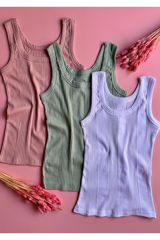 Linea Camisole 3-Piece Extra Bias Thick Strap Black, Green and Dusty Rose Color Women's Undershirt 60V15